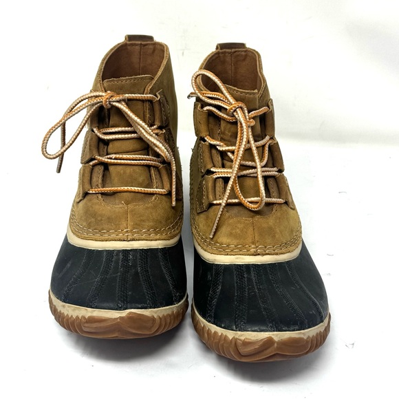 SOREL Out N About Ankle Duck Boots Brown Leather Blue Rubber Waterproof - Picture 2 of 7